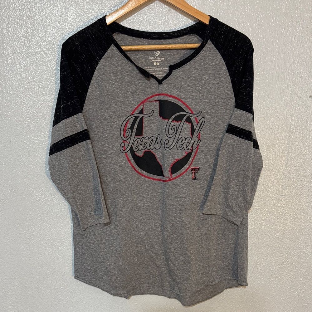 Texas Tech Red Raiders Womens Gray Black Raglan V-Neck Athletic Tee Shirt Top XL